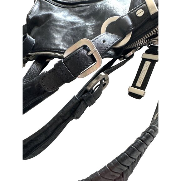 Rachel Zoe Black Faux Leather Shoulder Bag Removable Strap Silver Hardware Ziip - Picture 10 of 11